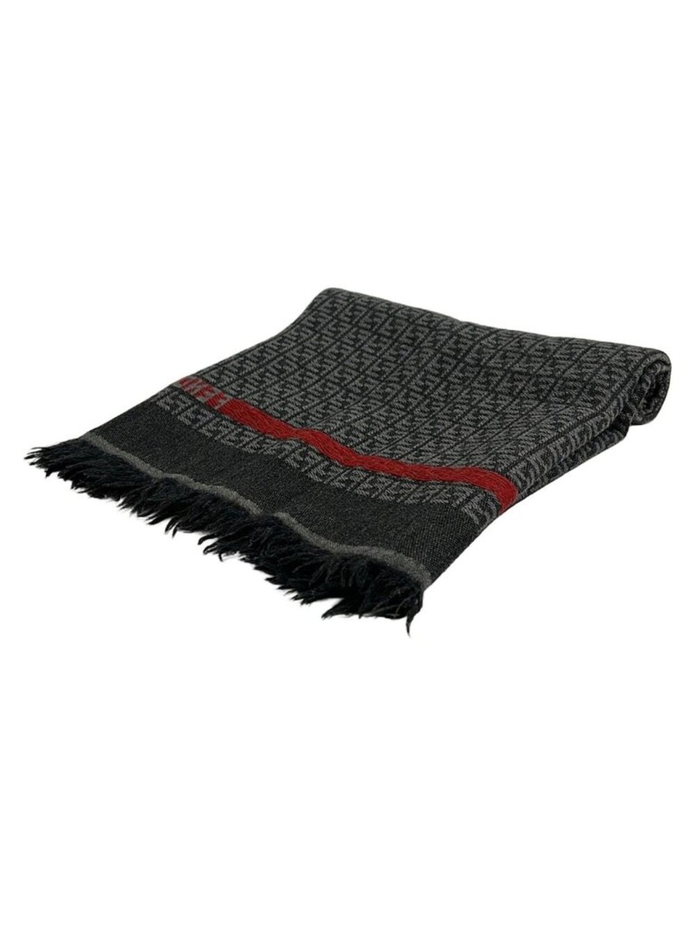 Fendi Shawl Dark Gray Red Zucchino Pattern Wool Scarf